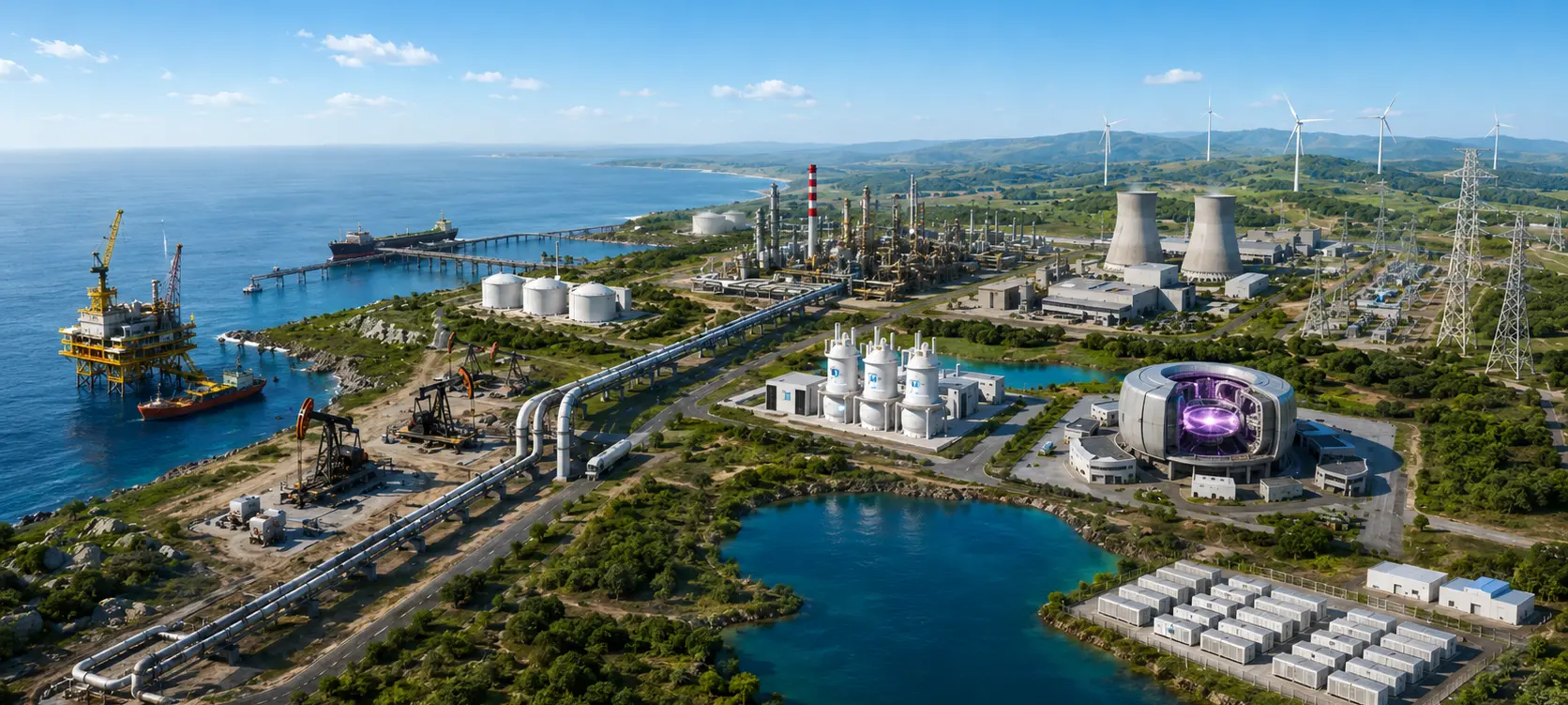Aerial view of an integrated energy site with offshore platform, refinery, nuclear plant, fusion facility, wind farm and battery storage